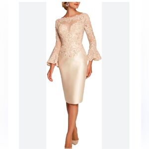 Mother of the bride formal Cream embellished Sheath Dress with Bell Sleeves